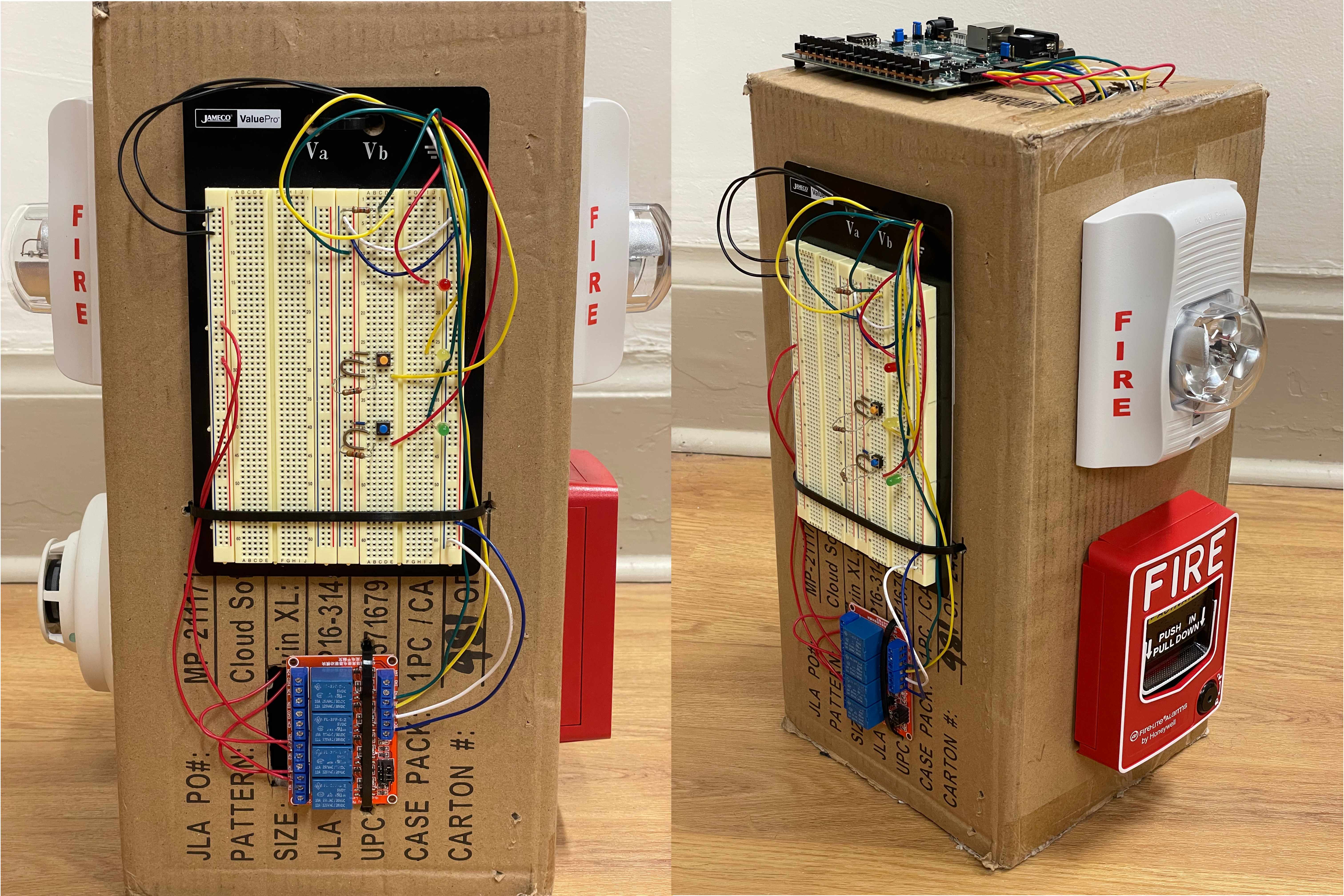 Corner view of FPGA fire alarm control panel, showing breadboard, relay, strobe and pull station