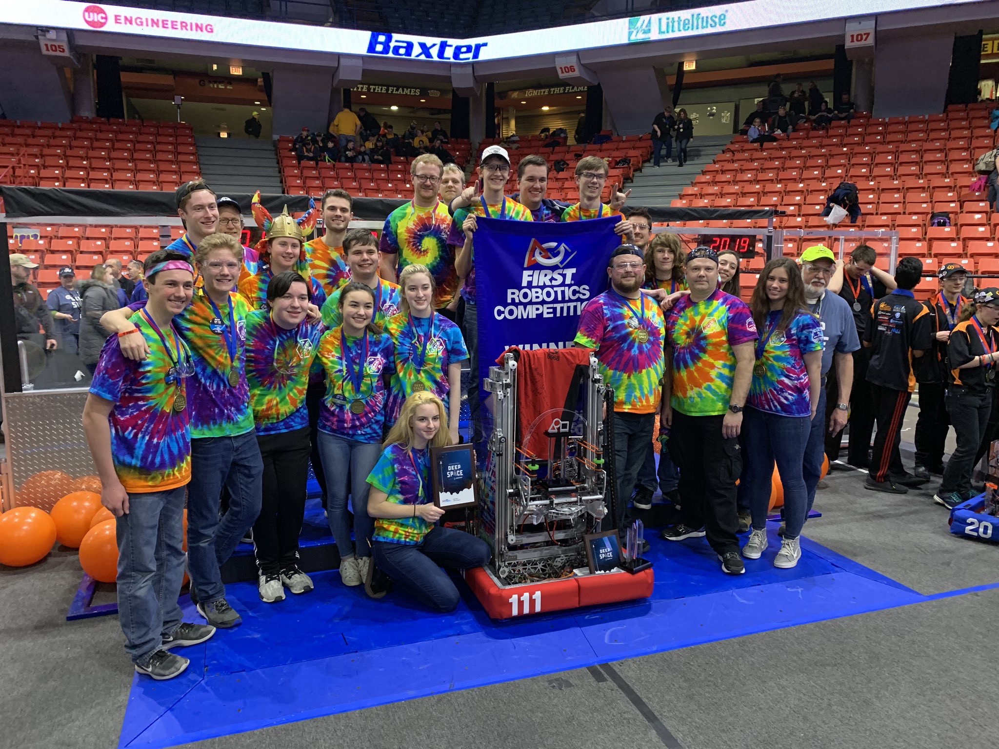 WildStang's drive team and pit crew after winning the 2019 Midwest Regional